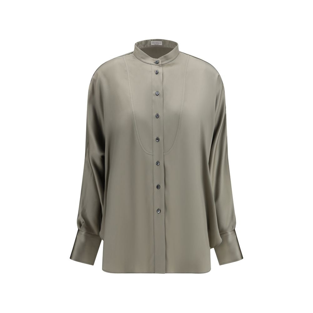 Shirt by Brunello Cucinelli for women in silk bicolour & signature showcases a sleek silhouette, elegantly detailed with a sleek mandarin neckline and long-sleeve for a sleek finish.