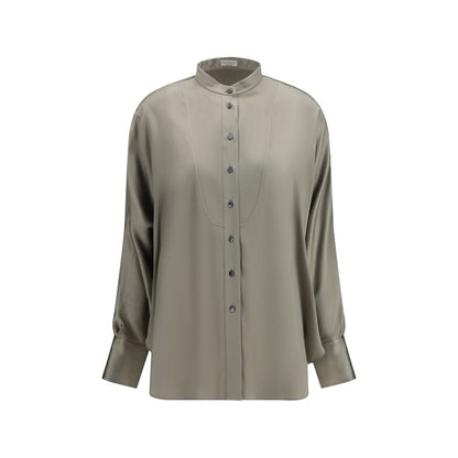 Shirt by Brunello Cucinelli for women in silk bicolour & signature showcases a sleek silhouette, elegantly detailed with a sleek mandarin neckline and long-sleeve for a sleek finish.