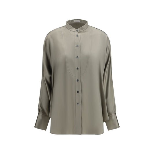 Shirt by Brunello Cucinelli for women in silk bicolour & signature showcases a sleek silhouette, elegantly detailed with a sleek mandarin neckline and long-sleeve for a sleek finish.