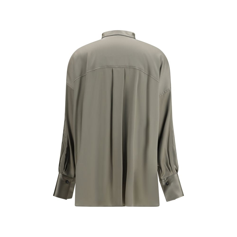 Shirt by Brunello Cucinelli for women in silk bicolour & signature showcases a sublime silhouette, artfully detailed with a sublime mandarin neckline and for a sophisticated, sublime finish.
