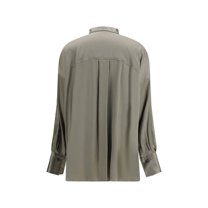Shirt by Brunello Cucinelli for women in silk bicolour & signature showcases a sublime silhouette, artfully detailed with a sublime mandarin neckline and for a sophisticated, sublime finish.