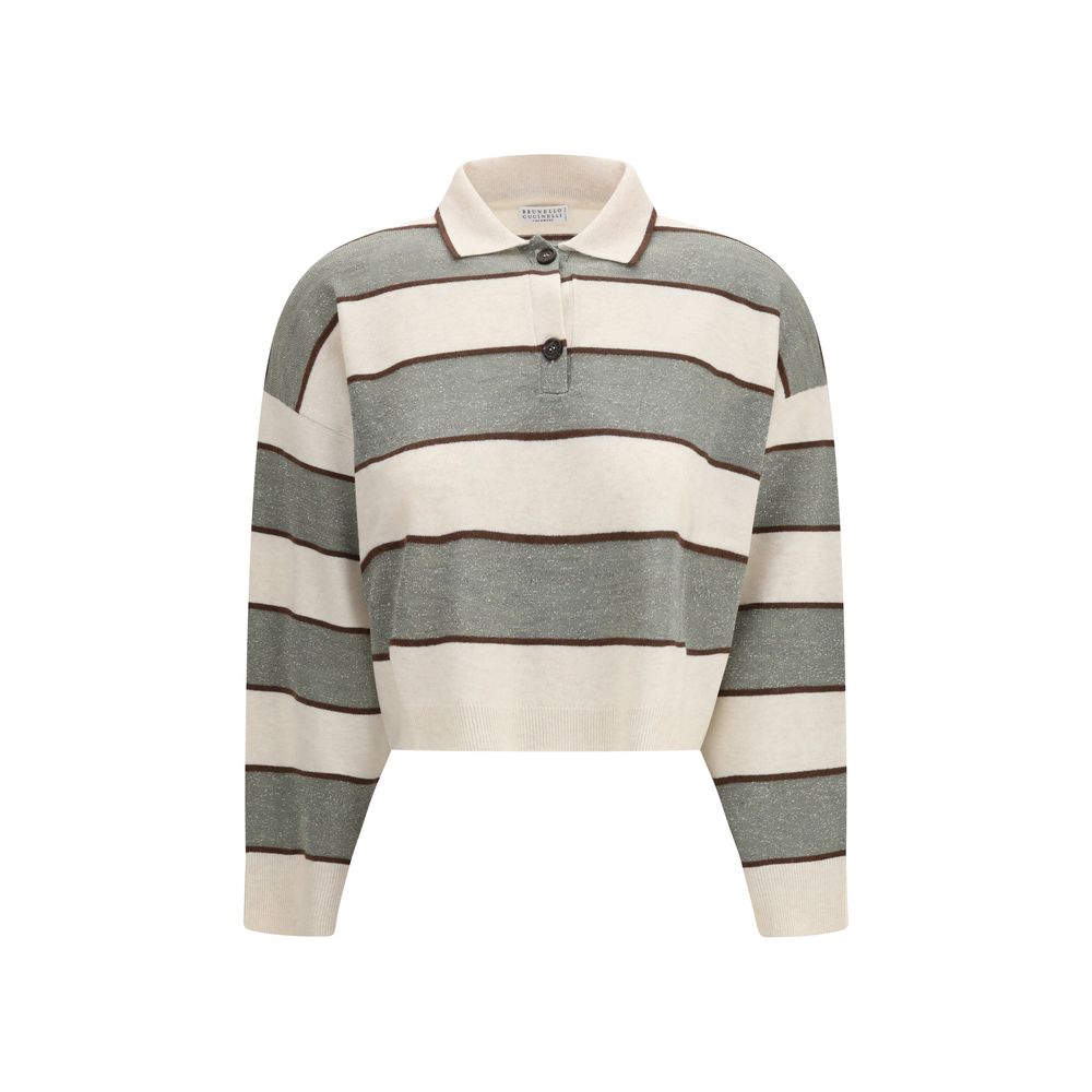 Polo Shirt by Brunello Cucinelli for women in virgin cashmere wool & capra leather multicolor & striped presents a sleek silhouette, featuring a refined and for a sleek finish.