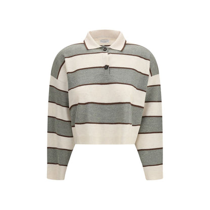 Polo Shirt by Brunello Cucinelli for women in virgin cashmere wool & capra leather multicolor & striped presents a sleek silhouette, featuring a refined and for a sleek finish.