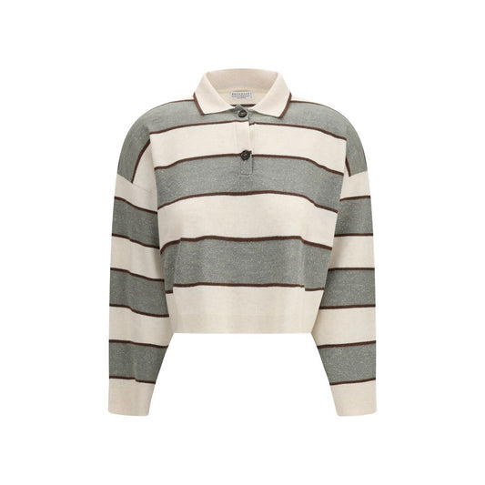 Polo Shirt by Brunello Cucinelli for women in virgin cashmere wool & capra leather multicolor & striped presents a sleek silhouette, featuring a refined and for a sleek finish.