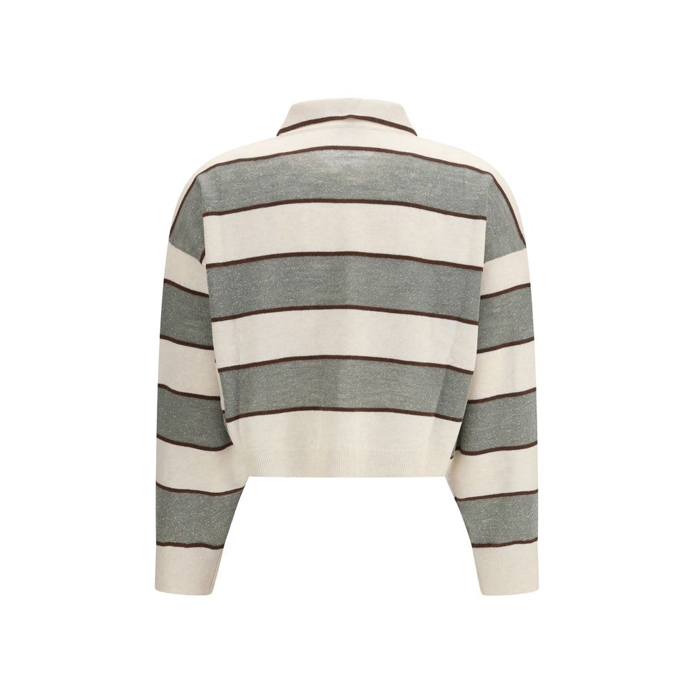 Polo Shirt by Brunello Cucinelli for women in virgin cashmere wool & capra leather multicolor & striped showcases a sharp silhouette, detailed with a refined and sharp for a sophisticated finish.