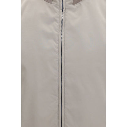 Vest by Brunello Cucinelli for men in polyamide & polyester gray showcases a dynamic silhouette, perfectly balancing pockets with a dynamic for a sophisticated, high-fashion look.