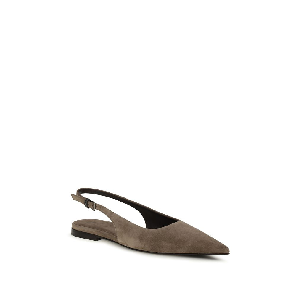 Ballet Slingback Flat Shoes by Brunello Cucinelli for women in tu polyurethane & bos taurus suede calf leather brown & signature features an statuesque silhouette from the Women's TU Polyurethane & Bos Taurus Suede Calf Leather Ballet Slingback Flat Shoes collection, showcasing a and a statuesque almond toe style for a statuesque look.