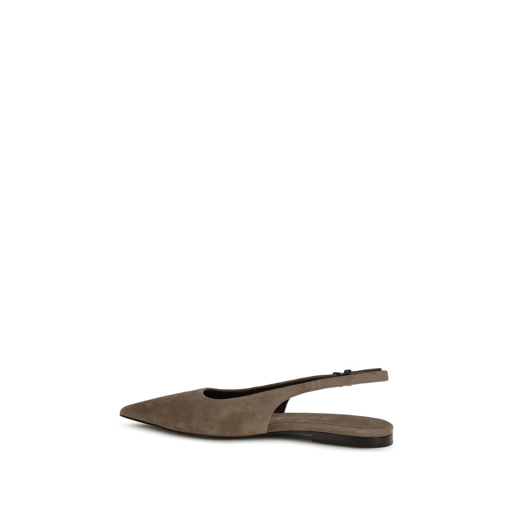 Ballet Slingback Flat Shoes by Brunello Cucinelli for women in tu polyurethane & bos taurus suede calf leather brown & signature showcases a dynamic silhouette, artfully capturing Women's TU Polyurethane & Bos Taurus Suede Calf Leather Ballet Slingback Flat Shoes through its distinctive and elegant almond toe style.