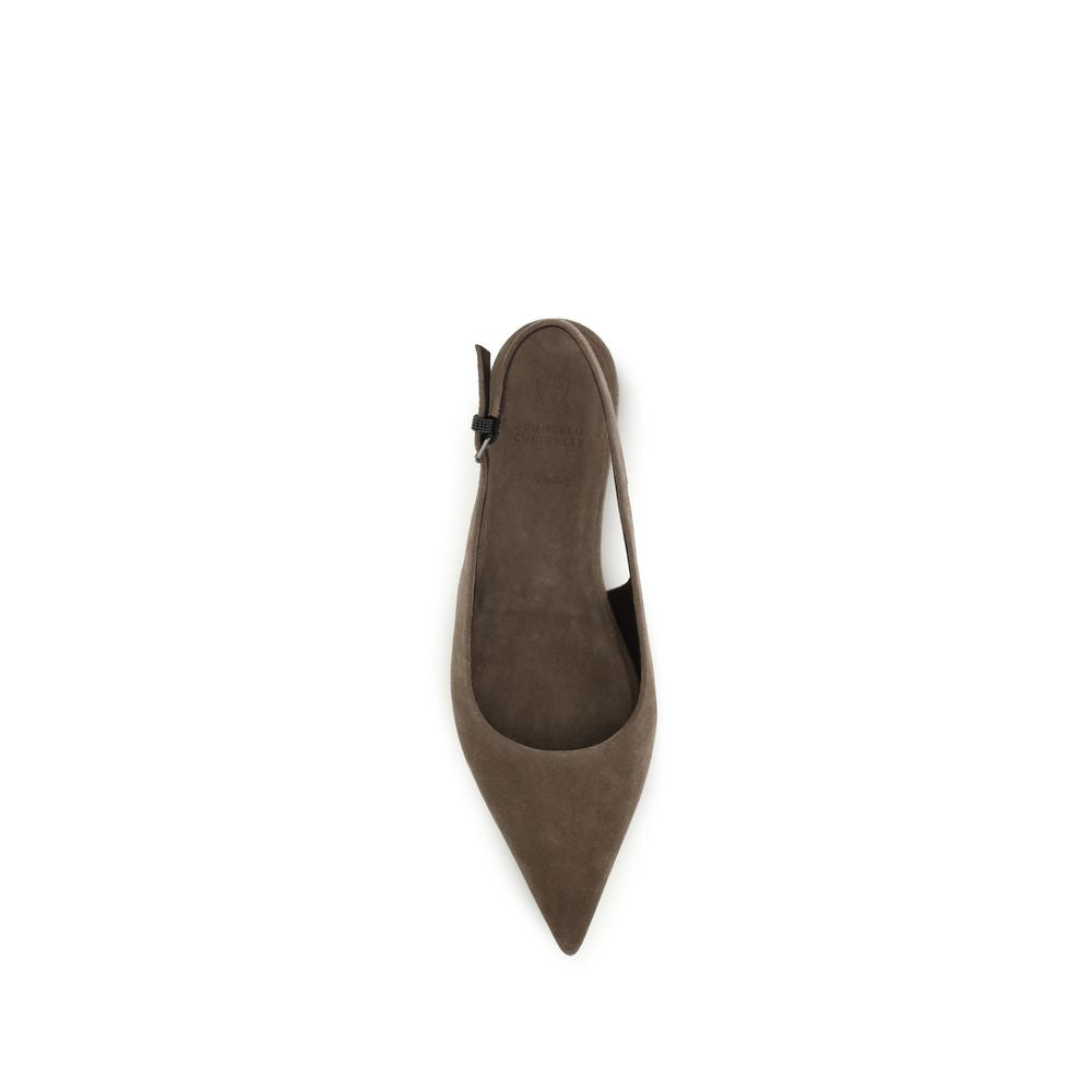 Ballet Slingback Flat Shoes by Brunello Cucinelli for women in tu polyurethane & bos taurus suede calf leather brown & signature presents a effortless chic silhouette, showcasing the Women's TU Polyurethane & Bos Taurus Suede Calf Leather Ballet Slingback Flat Shoes design with a effortless chic and almond toe style for a sophisticated look.