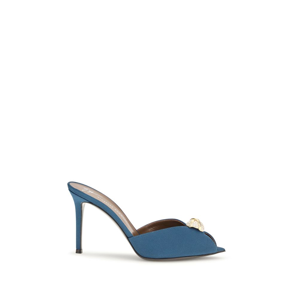 Stiletto Mules Sandals by Giuseppe Zanotti for women in bos taurus calf leather & rhinestone and blue & gold presents a captivating silhouette, showcasing the signature style of the Women's Bos Taurus Calf Leather & Rhinestone Stiletto Mules Sandals with a captivating stiletto and captivating pointed toe style.