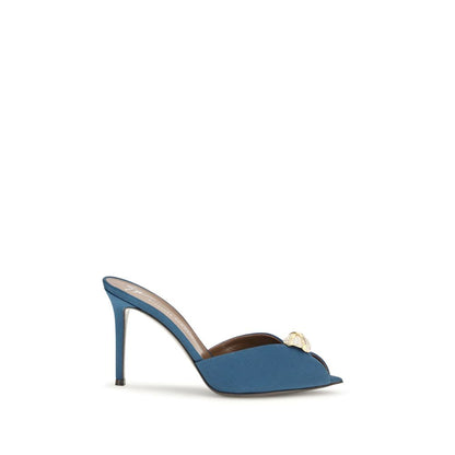 Stiletto Mules Sandals by Giuseppe Zanotti for women in bos taurus calf leather & rhinestone and blue & gold presents a captivating silhouette, showcasing the signature style of the Women's Bos Taurus Calf Leather & Rhinestone Stiletto Mules Sandals with a captivating stiletto and captivating pointed toe style.