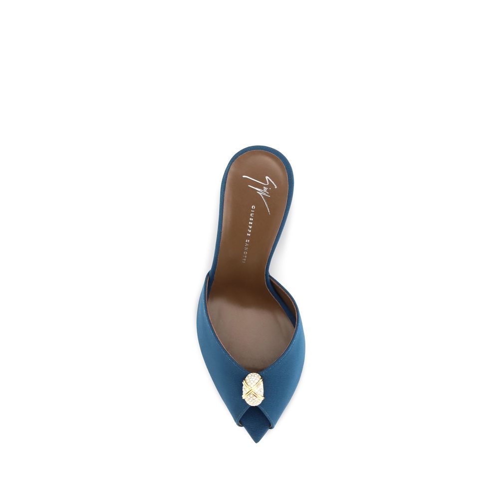 Stiletto Mules Sandals by Giuseppe Zanotti for women in bos taurus calf leather & rhinestone blue & gold presents a sculptural silhouette, showcasing the Women's Bos Taurus Calf Leather & Rhinestone Stiletto Mules Sandals design with a sculptural stiletto and pointed toe style for a premium look.