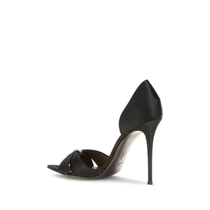 Stiletto Mules Sandals by Giuseppe Zanotti for women in leather silk satin & crystal black, silver & signature features an exquisite silhouette, showcasing the exquisite Women's Leather Silk Satin & Crystal Stiletto Mules Sandals with a stiletto and pointed toe style.