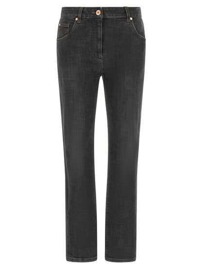 Jeans by Brunello Cucinelli for women in stretch denim cotton dark-gray & signature features an sophisticated and slim with a precise long, creating a sophisticated and sophisticated silhouette.