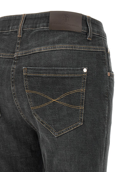 Jeans by Brunello Cucinelli for women in stretch denim cotton dark-gray & signature features an refined tailoring silhouette, showcasing a premium slim with a and long cut for a refined tailoring look.