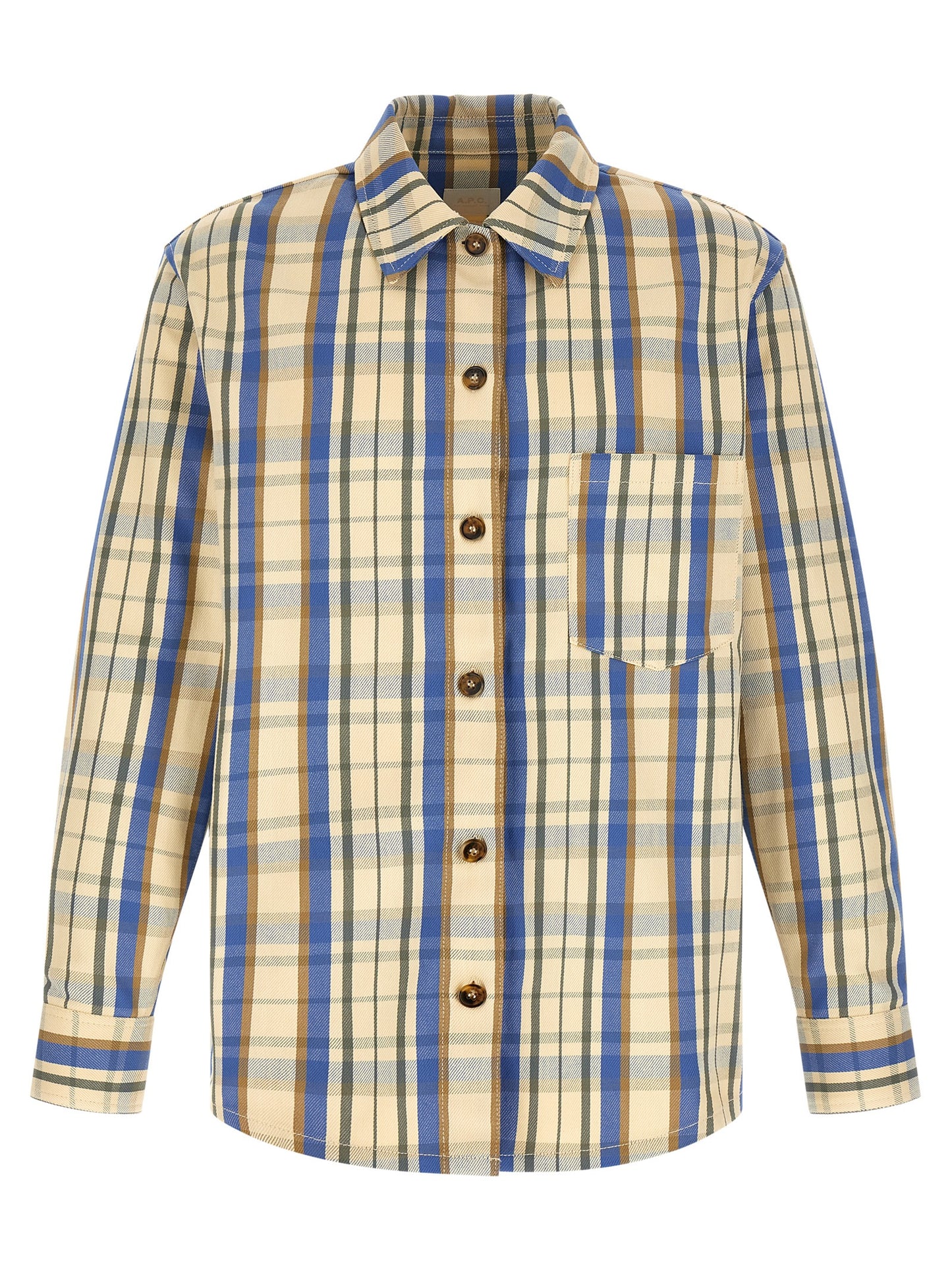 Overshirt by A.P.C. for men in cotton bicolour, beige, blue, brown, yellow & patterned features an architectural silhouette with a refined and elegant for a architectural look.