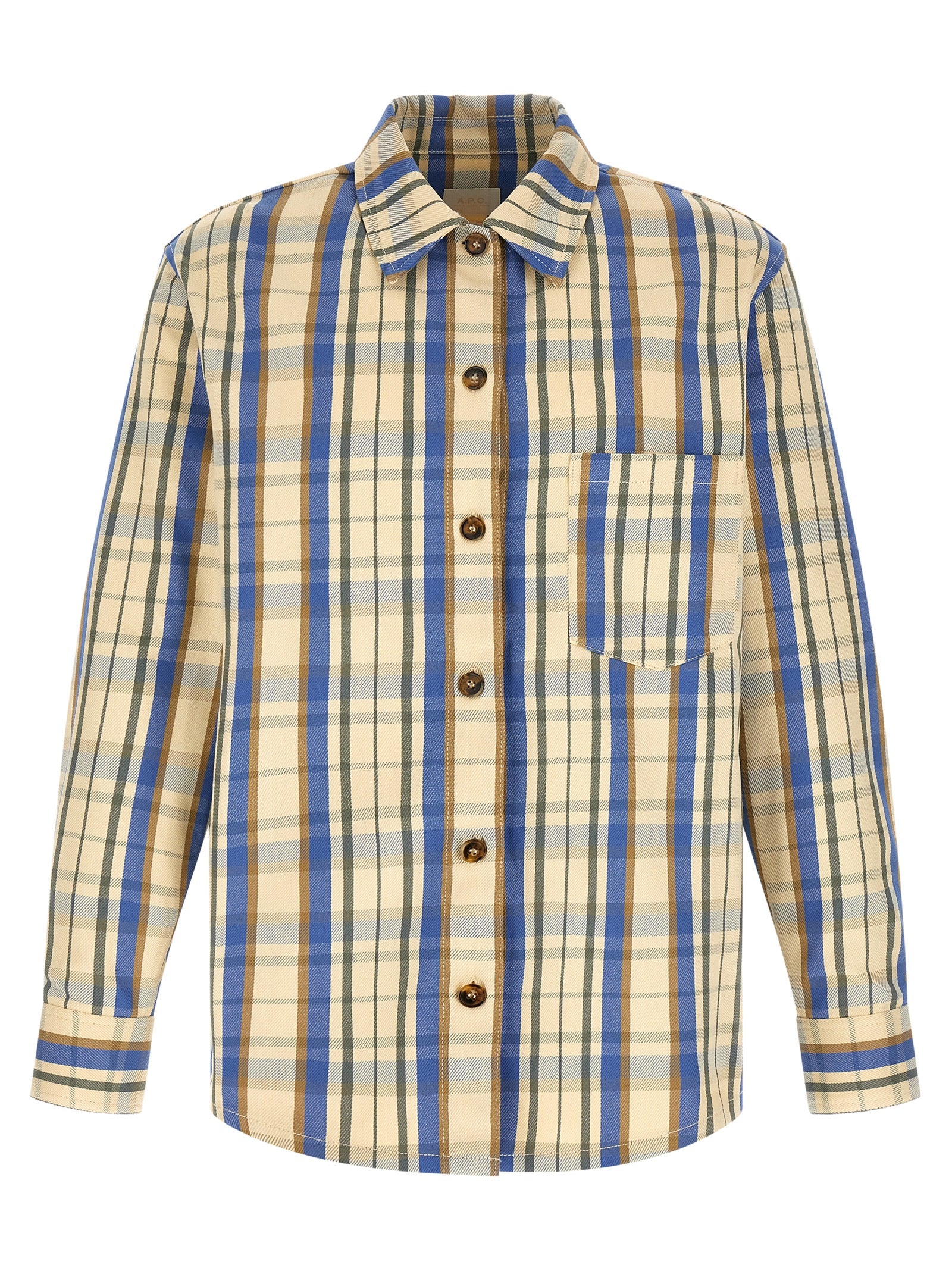 Overshirt by A.P.C. for men in cotton bicolour, beige, blue, brown, yellow & patterned features an architectural silhouette with a refined and elegant for a architectural look.