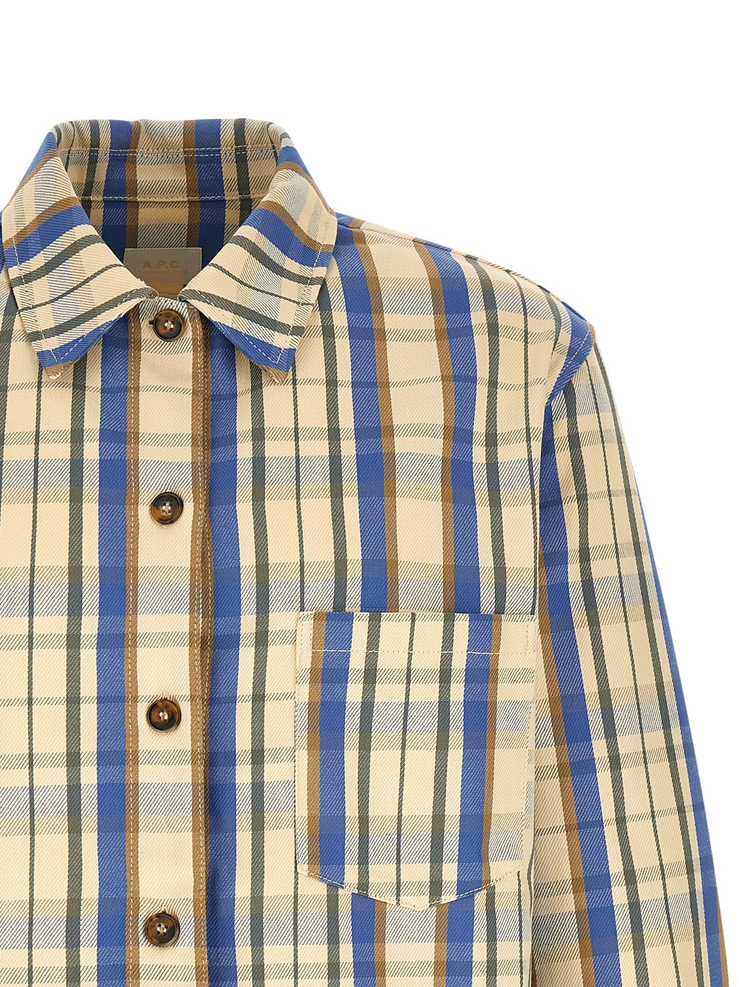 Overshirt by A.P.C. for men in cotton bicolour, beige, blue, brown, yellow & patterned showcases a sublime silhouette, artfully detailed with a sublime and for a sophisticated, sublime finish.