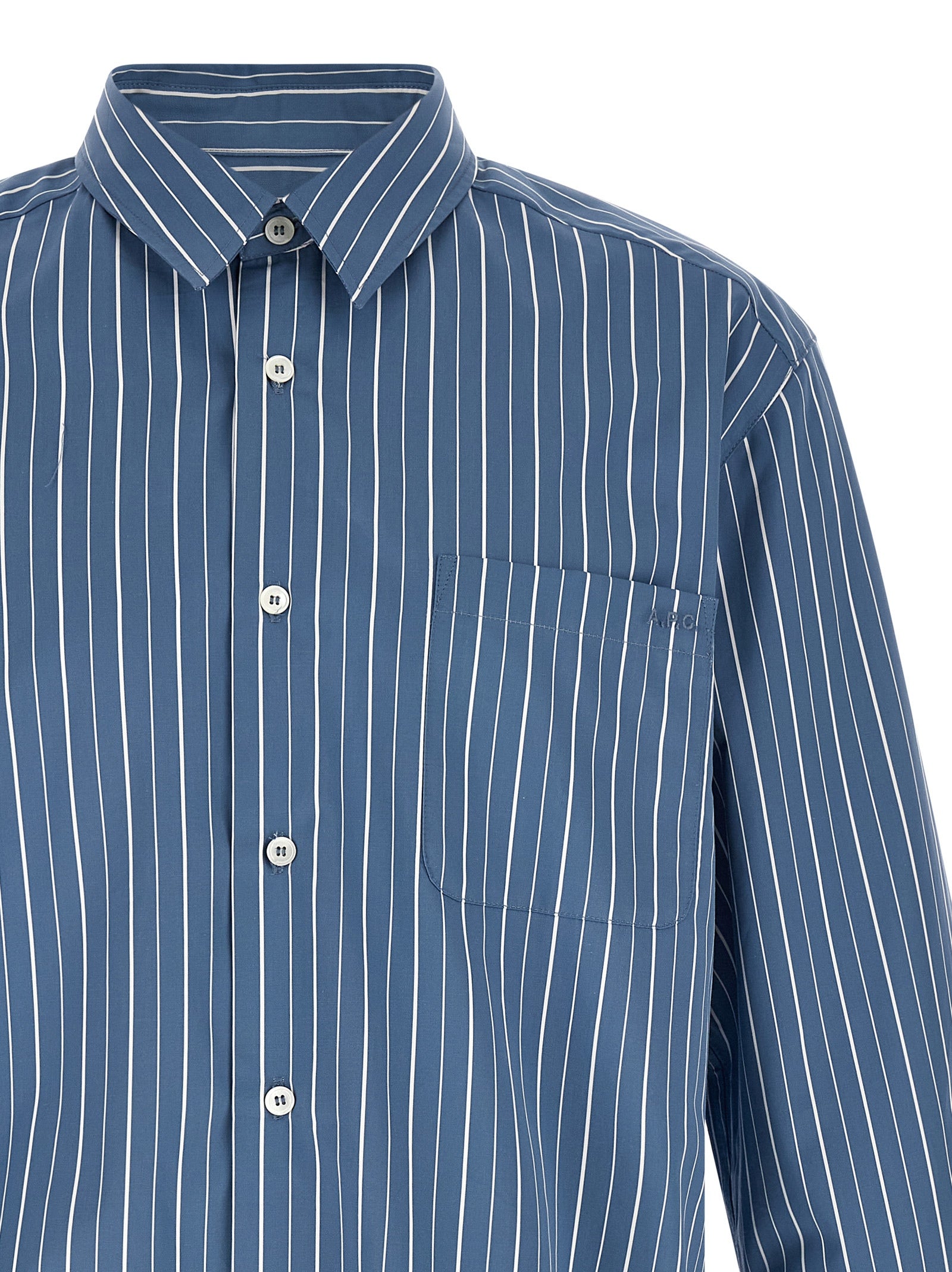 Shirt by A.P.C. for men in cotton blue, white, signature & striped presents a discerning silhouette, showcasing a sophisticated and for a truly discerning finish.
