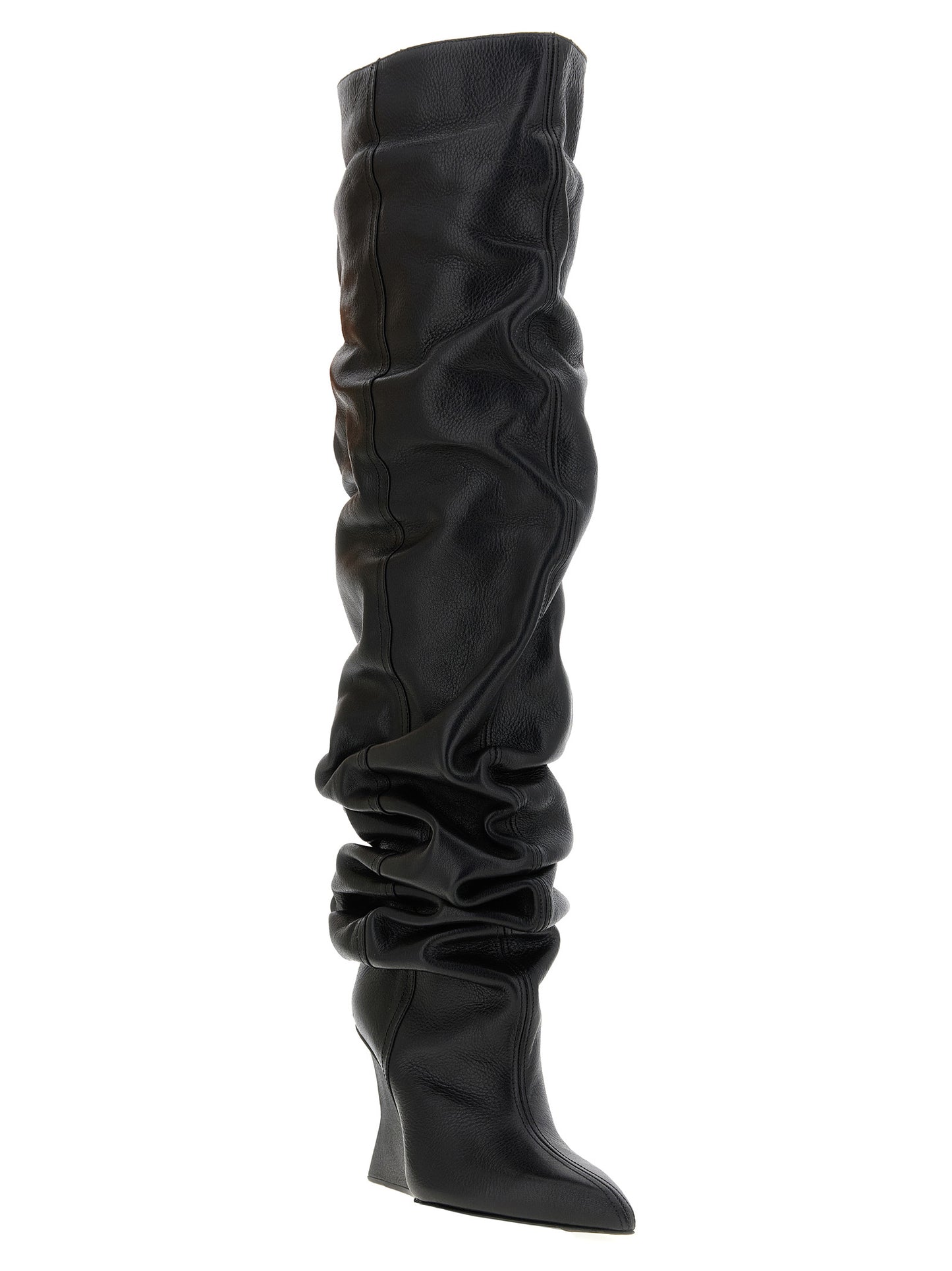 Wedge Over-The-Knee Boots by Balmain for women in calfskin leather black & signature showcases a impeccable silhouette as Women's Calfskin Leather Wedge Over-The-Knee Boots, artfully defined by a impeccable wedge and a impeccable pointed toe style.