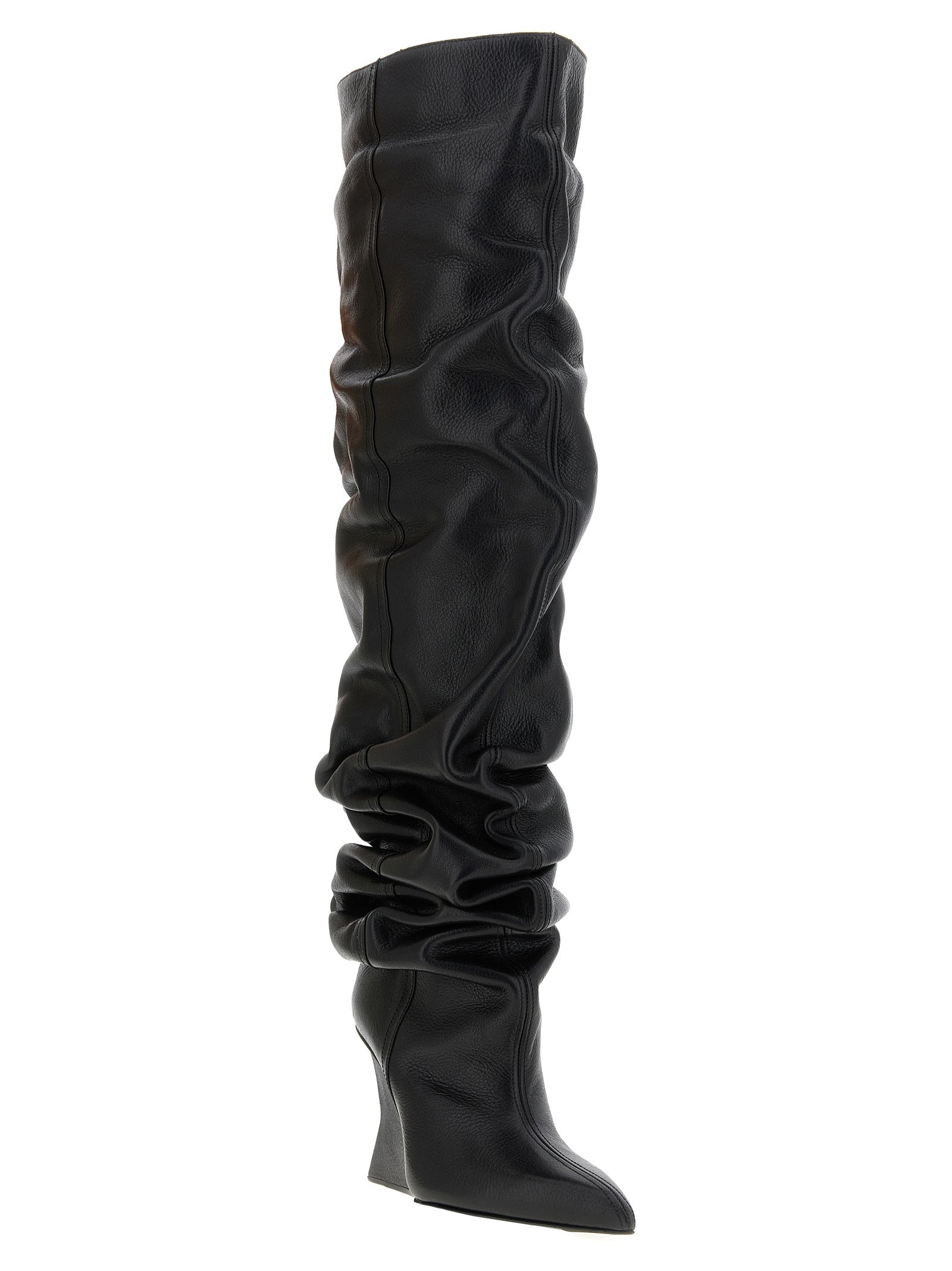 Wedge Over-The-Knee Boots by Balmain for women in calfskin leather black & signature showcases a impeccable silhouette as Women's Calfskin Leather Wedge Over-The-Knee Boots, artfully defined by a impeccable wedge and a impeccable pointed toe style.