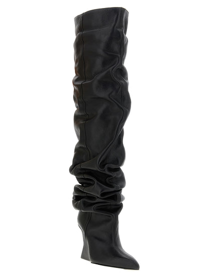 Wedge Over-The-Knee Boots by Balmain for women in calfskin leather black & signature showcases a impeccable silhouette as Women's Calfskin Leather Wedge Over-The-Knee Boots, artfully defined by a impeccable wedge and a impeccable pointed toe style.