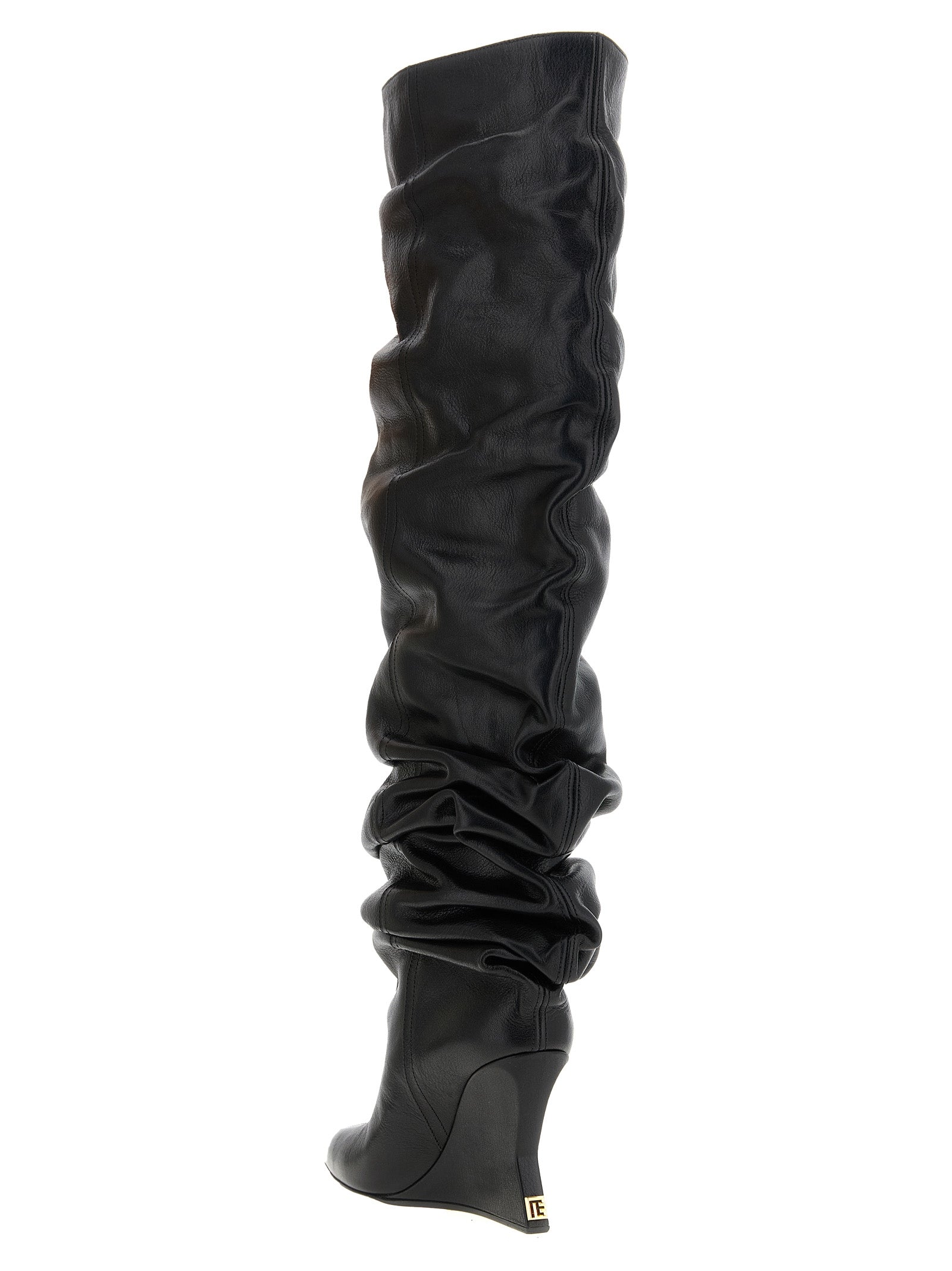 Wedge Over-The-Knee Boots by Balmain for women in calfskin leather black & signature features an enchanting design from the Women's Calfskin Leather Wedge Over-The-Knee Boots collection, highlighting a enchanting wedge and pointed toe style for a refined look.