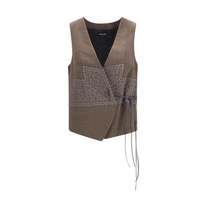Vest by Giorgio Armani for women in virgin wool polyamide & viscose brown, patterned & jacquard features a stylish silhouette, showcasing distinct and a refined v-neck split asymmetric neckline for a truly stylish finish.