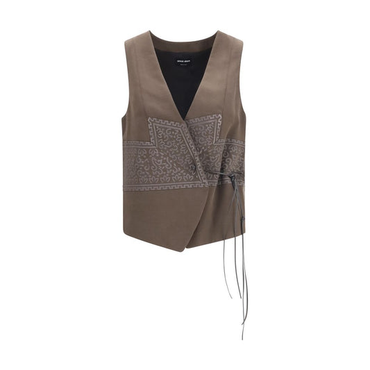 Vest by Giorgio Armani for women in virgin wool polyamide & viscose brown, patterned & jacquard showcases a dynamic silhouette, perfectly balancing with a dynamic v-neck split asymmetric neckline for a sophisticated, high-fashion look.