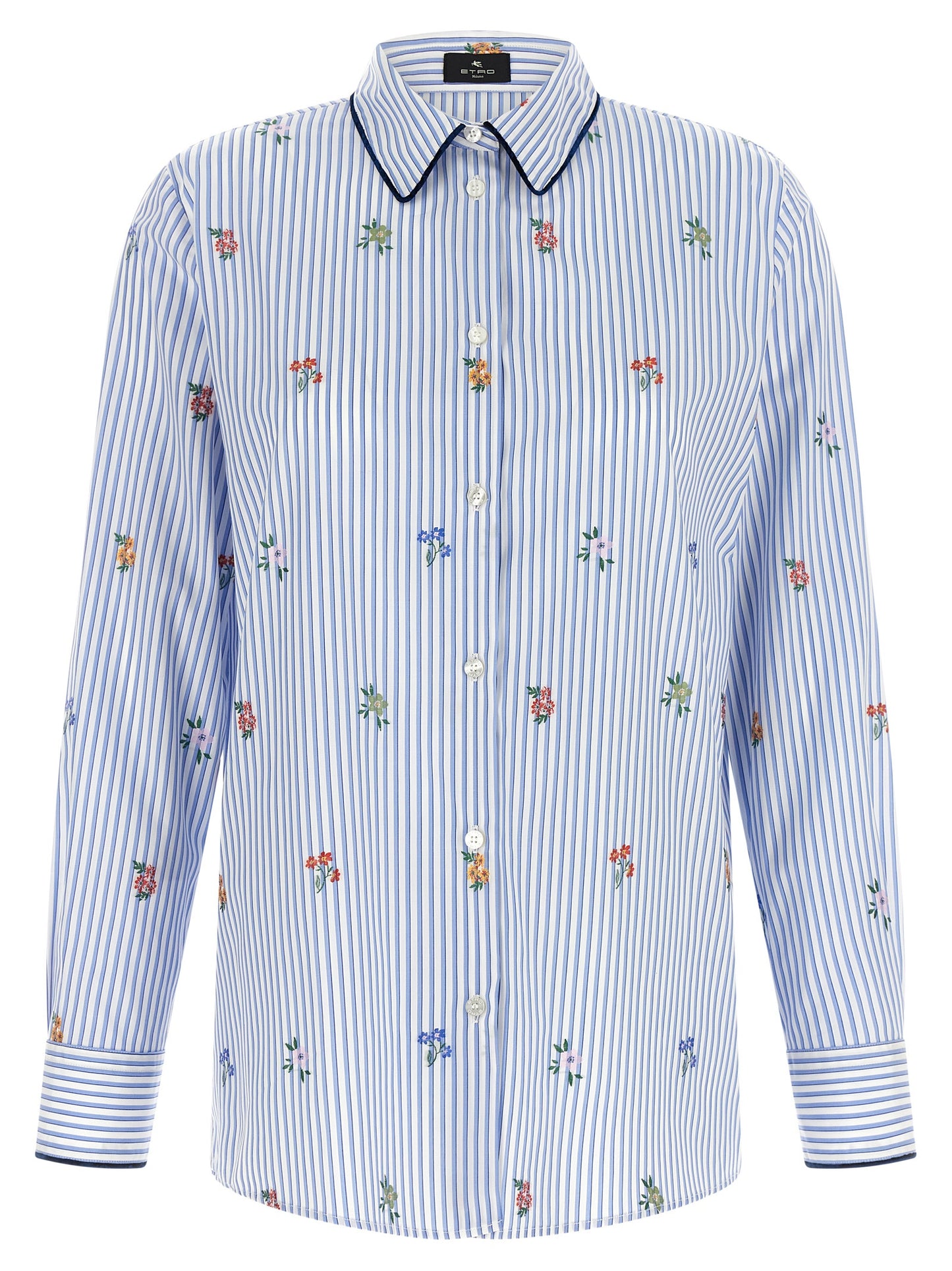 Blouse by Etro for women in cotton dark-blue, light-blue, multicolor, white, patterned, floral & striped showcases a sublime silhouette, artfully detailed with a sublime and for a sophisticated, sublime finish.