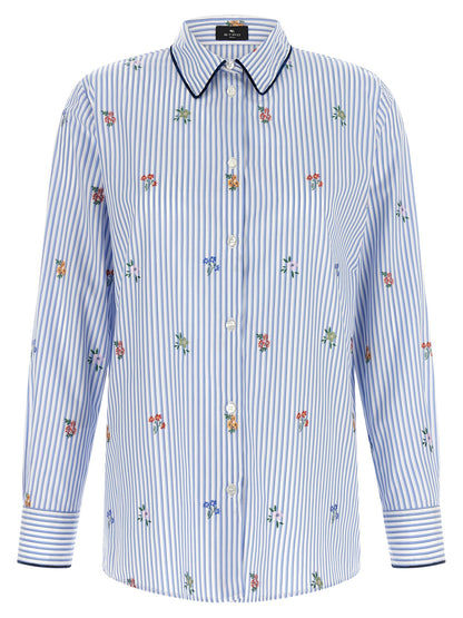 Blouse by Etro for women in cotton dark-blue, light-blue, multicolor, white, patterned, floral & striped showcases a sublime silhouette, artfully detailed with a sublime and for a sophisticated, sublime finish.