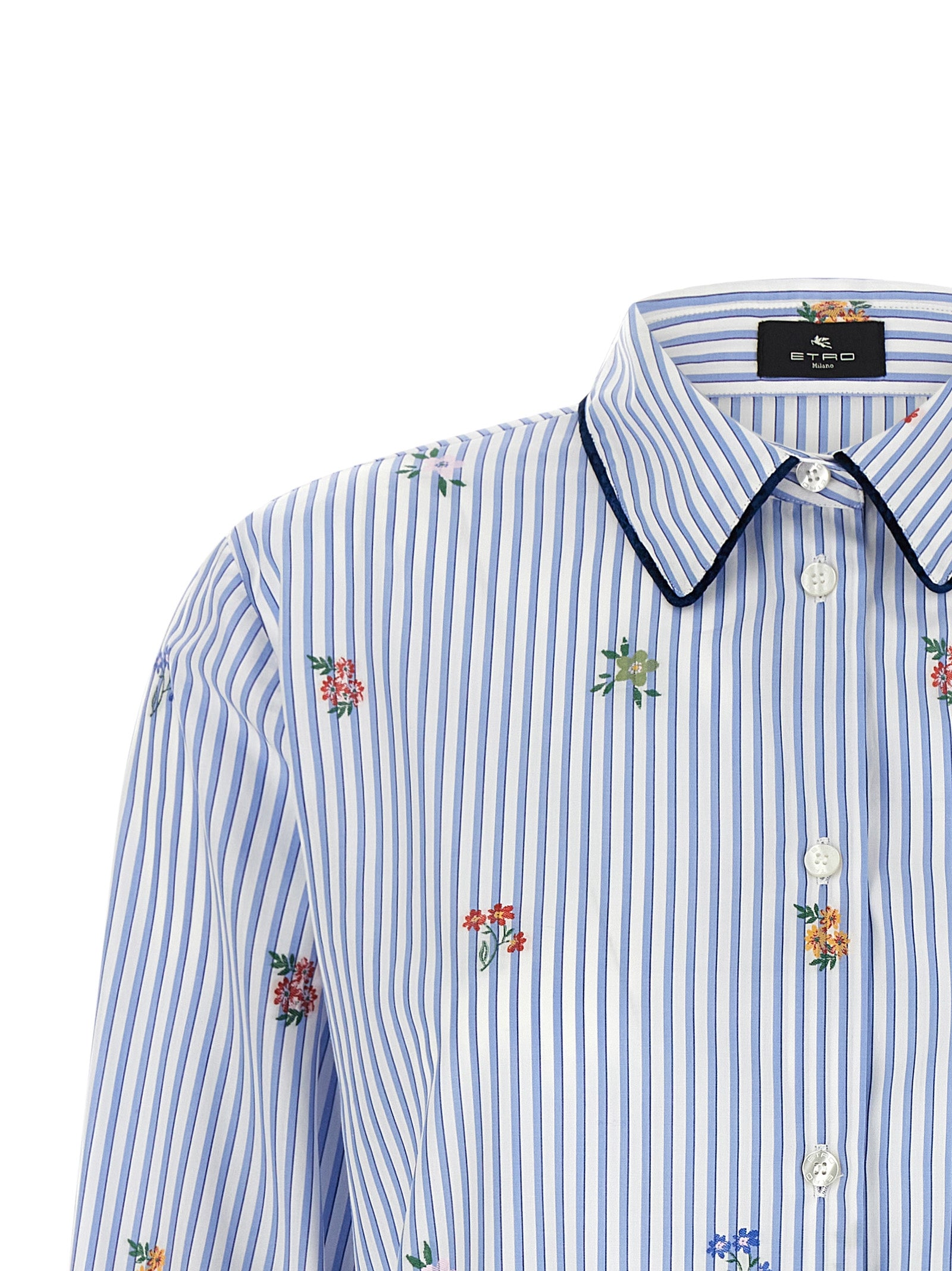 Blouse by Etro for women in cotton dark-blue, light-blue, multicolor, white, patterned, floral & striped features an architectural silhouette with a refined and elegant for a architectural look.