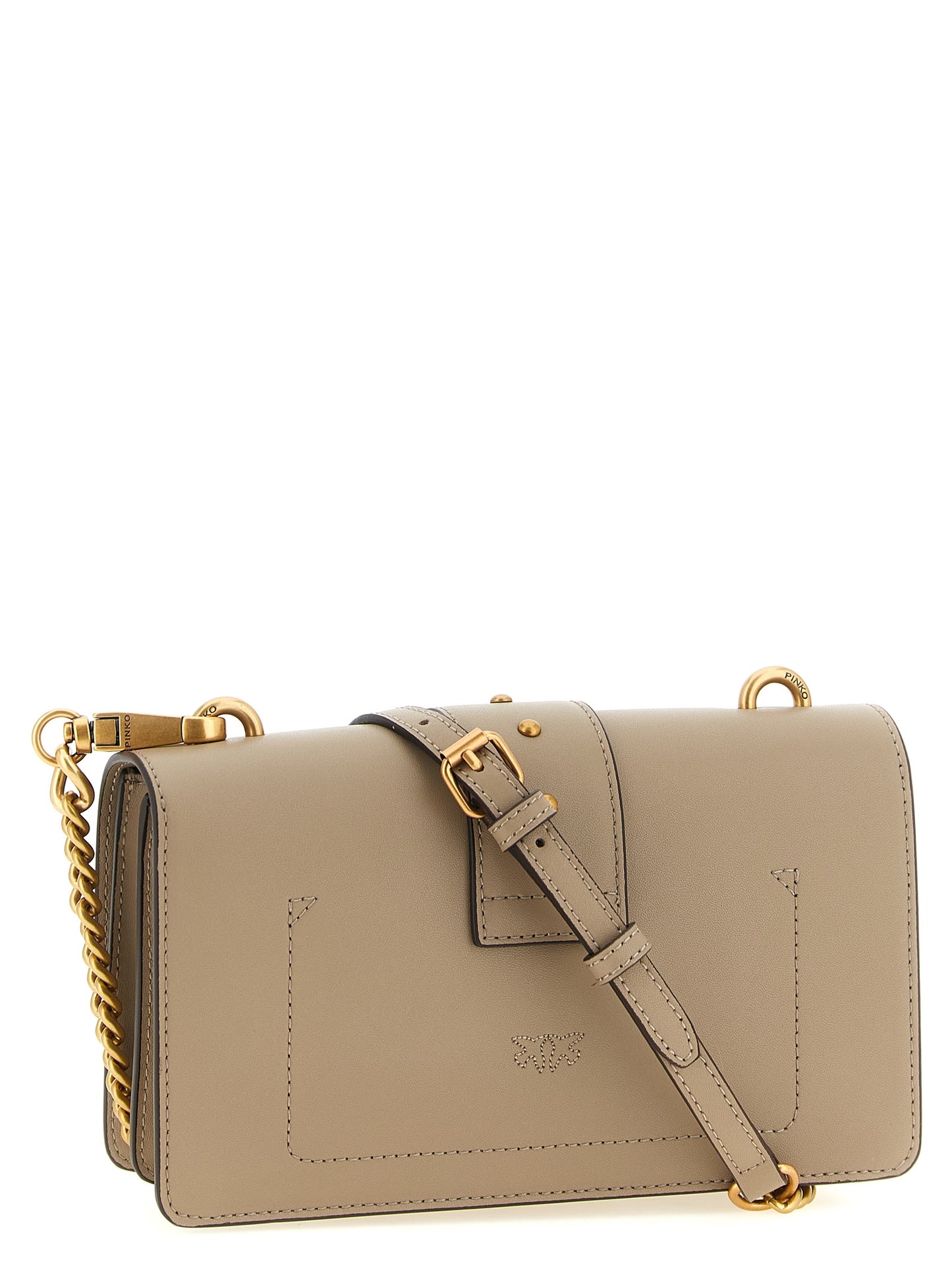 2-in-1 Shoulder & Crossbody Handbag by PINKO for women in bos taurus calfskin leather gray & gold features a transformative elegance silhouette, showcasing a secure buckle, organized , and versatile crossbody-strap, shoulder-strap & adjustable-strap for a transformative elegance look.