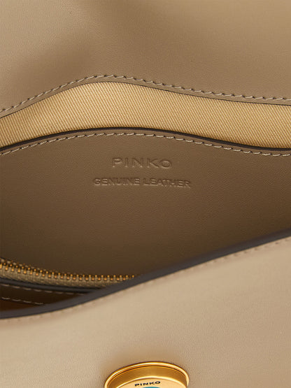 2-in-1 Shoulder & Crossbody Handbag by PINKO for women in bos taurus calfskin leather gray & gold features a multifaceted silhouette, showcasing a secure buckle and multifaceted with versatile crossbody-strap, shoulder-strap & adjustable-strap for multifaceted style.
