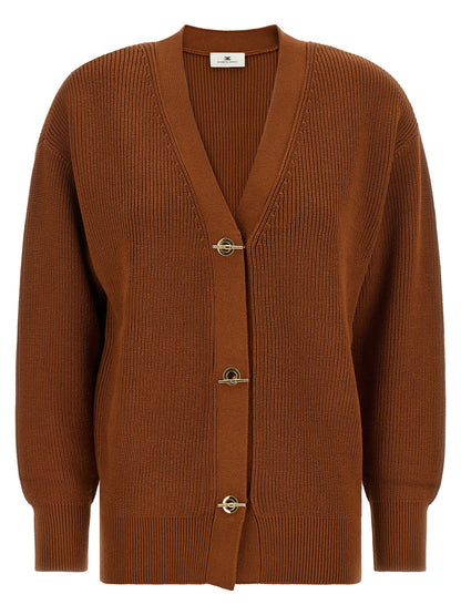 Cardigan by Elisabetta Franchi for women in polyester & viscose brown & gold showcases a captivating silhouette, artfully detailed with a captivating and v-neck neckline for a truly sophisticated captivating look.