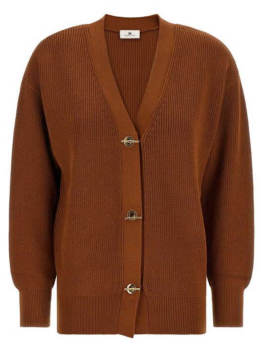 Cardigan by Elisabetta Franchi for women in polyester & viscose brown & gold showcases a captivating silhouette, artfully detailed with a captivating and v-neck neckline for a truly sophisticated captivating look.