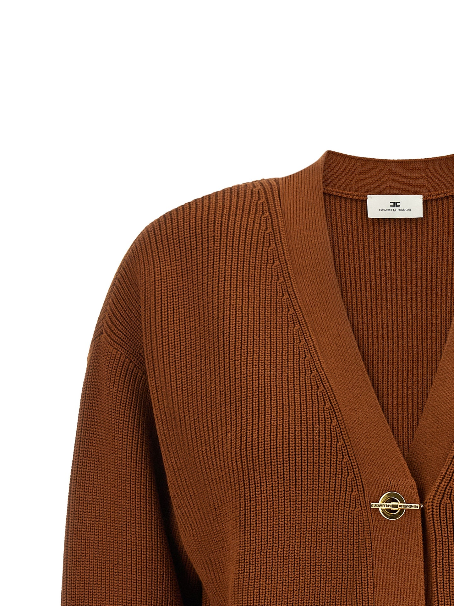Cardigan by Elisabetta Franchi for women in polyester & viscose brown & gold features a nuanced silhouette with a refined v-neck neckline and nuanced detailing for a sophisticated look.
