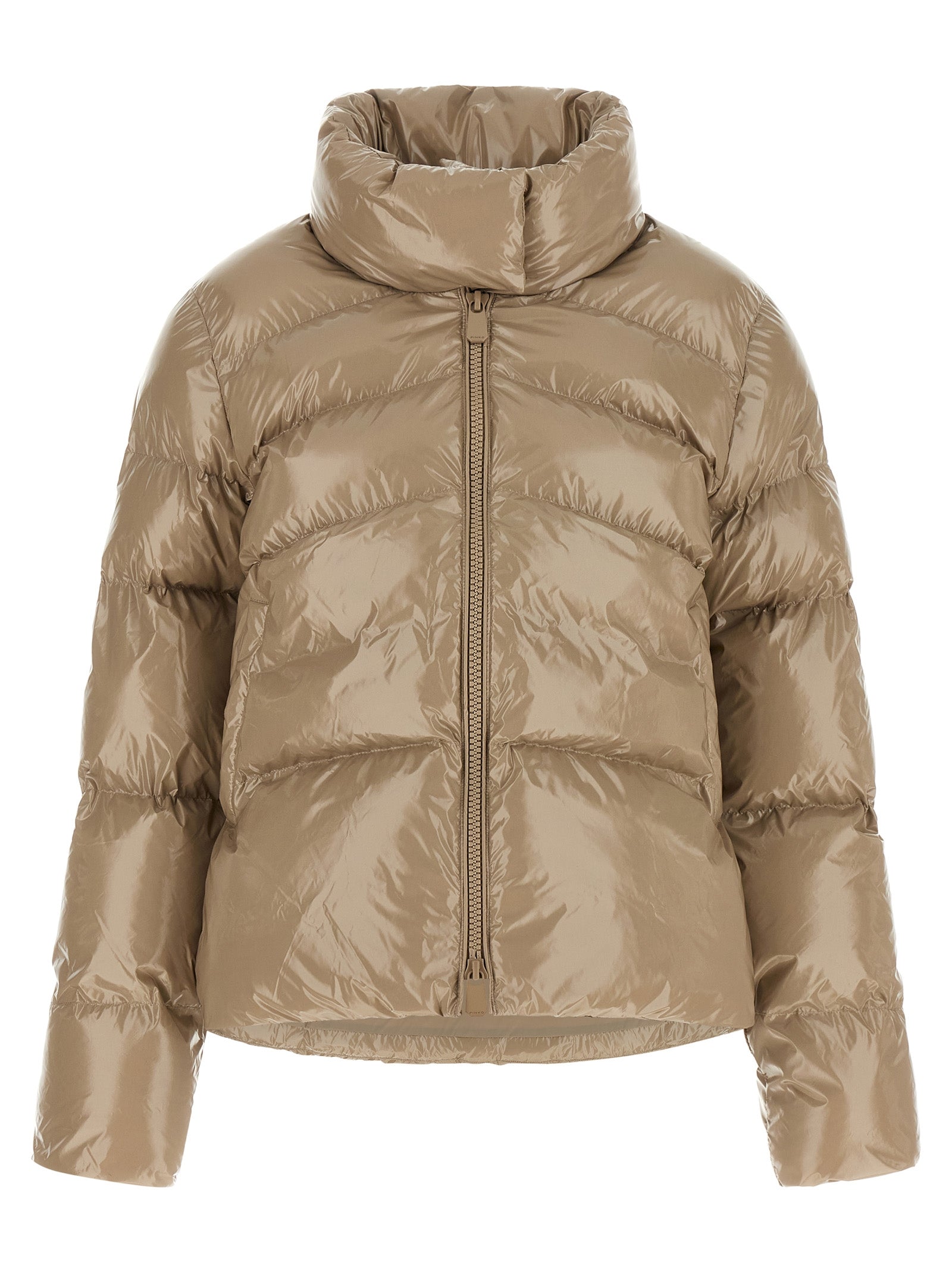 Puffer Jacket by PINKO for women in polyamide beige & signature features an contemporary silhouette, showcasing a sophisticated high-neck neckline and contemporary insulated for a truly refined look.