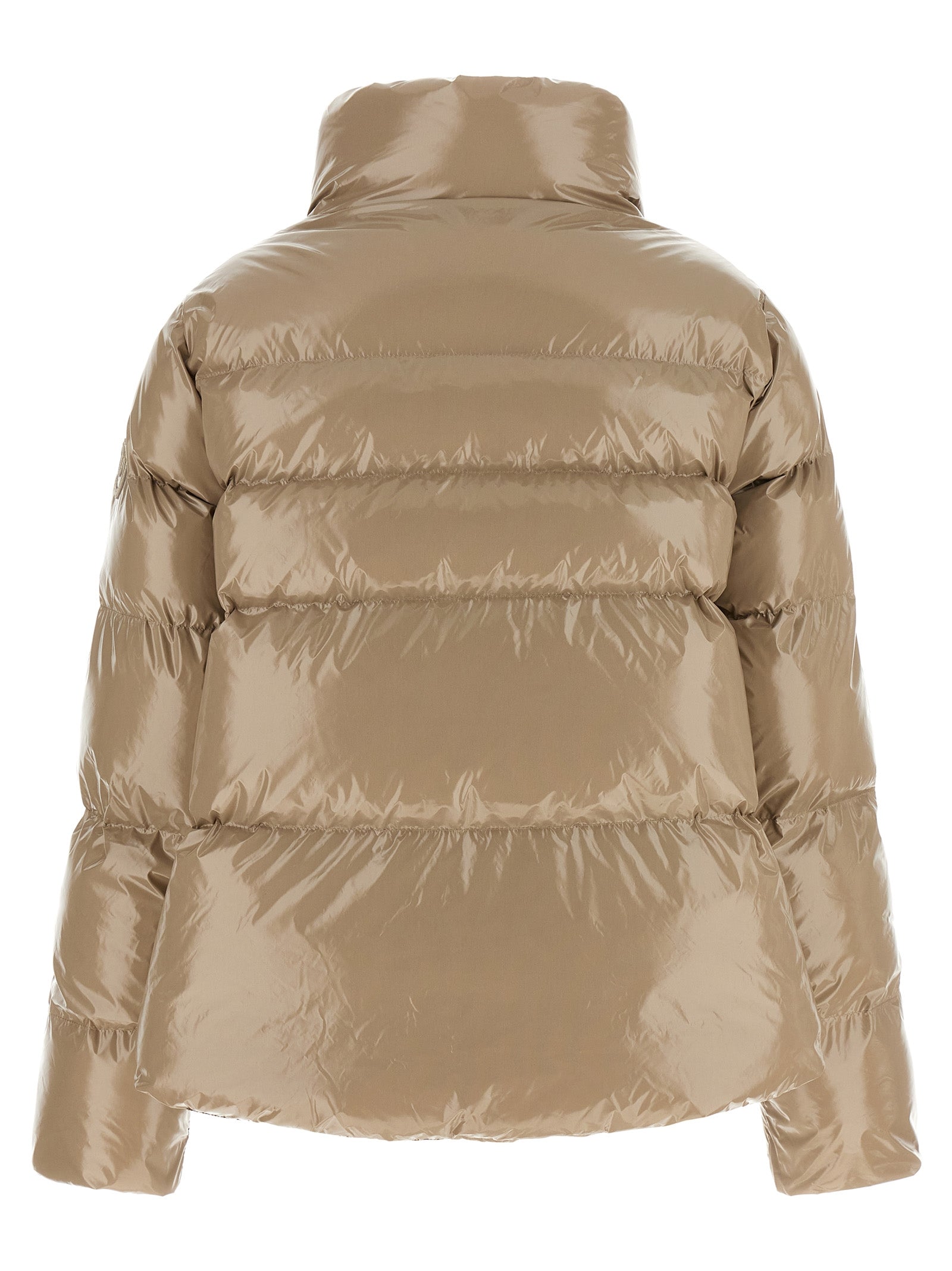 This Puffer Jacket by PINKO for women in polyamide beige & signature exhibits a edgy silhouette, meticulously detailed with functional insulated and a edgy high-neck neckline for a edgy finish.