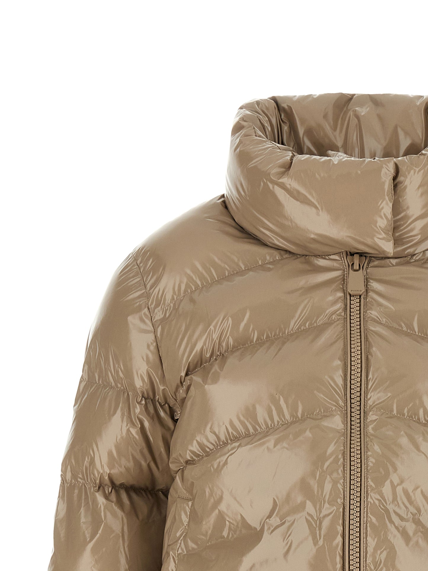 Puffer Jacket by PINKO for women in polyamide beige & signature features a dramatic silhouette, showcasing a sophisticated high-neck neckline and distinctive insulated for a dramatic aesthetic.
