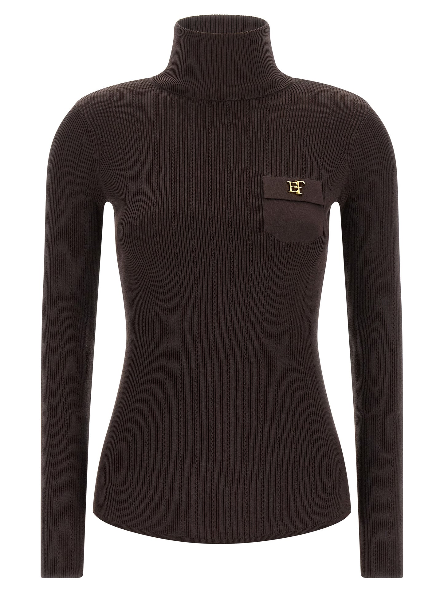 Cardigan by Elisabetta Franchi for women in stretch polyamide cotton & silk brown & gold features a nuanced silhouette with a refined high-neck neckline and nuanced detailing for a sophisticated look.