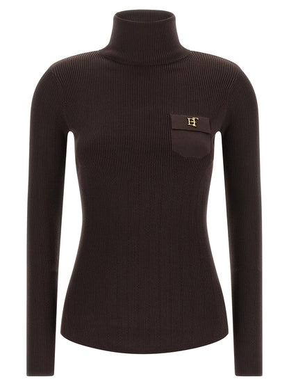 Cardigan by Elisabetta Franchi for women in stretch polyamide cotton & silk brown & gold features a nuanced silhouette with a refined high-neck neckline and nuanced detailing for a sophisticated look.