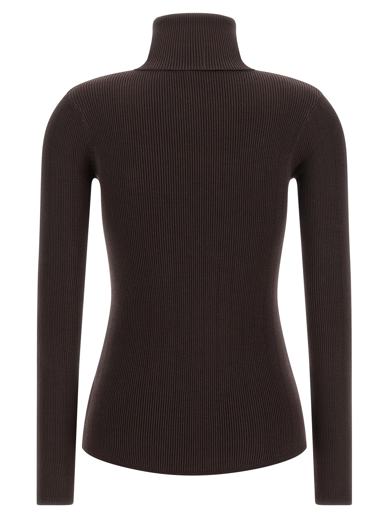 Cardigan by Elisabetta Franchi for women in stretch polyamide cotton & silk brown & gold showcases a luxurious silhouette, meticulously detailed with a sophisticated high-neck neckline and for a refined finish.