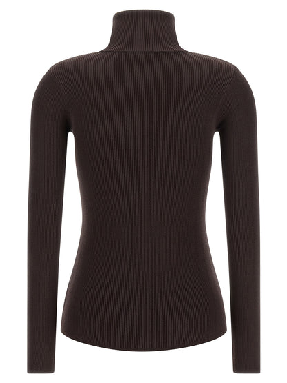 Cardigan by Elisabetta Franchi for women in stretch polyamide cotton & silk brown & gold showcases a luxurious silhouette, meticulously detailed with a sophisticated high-neck neckline and for a refined finish.
