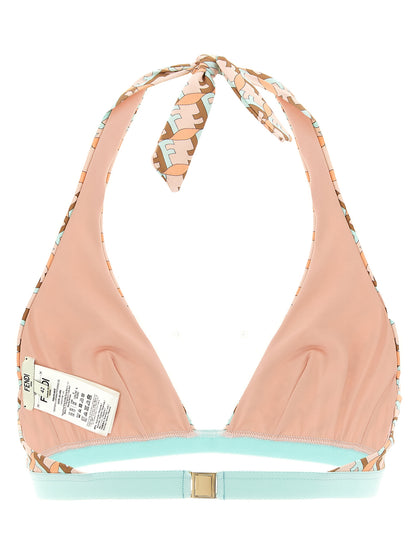 Swimwear Top by Fendi for women in stretch polyamide brown, gold, light-blue, multicolor, pink, patterned & signature features a resort ready silhouette, elegantly capturing the resort ready essence of the Waves Women's Stretch Polyamide Swimwear Top design.