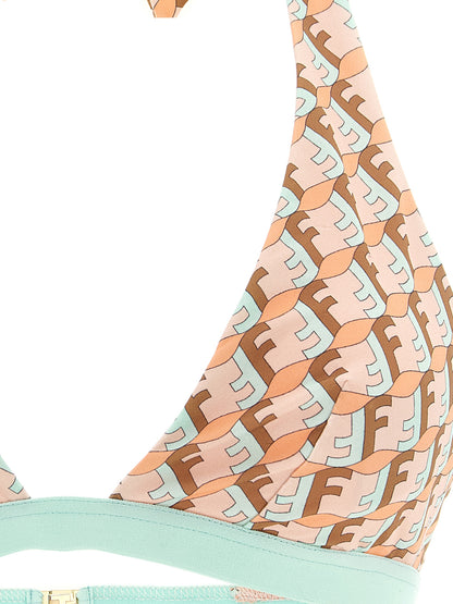 Swimwear Top by Fendi for women in stretch polyamide brown, gold, light-blue, multicolor, pink, patterned & signature presents a riviera-ready silhouette, showcasing the Waves Women's Stretch Polyamide Swimwear Top design with a riviera-ready look.