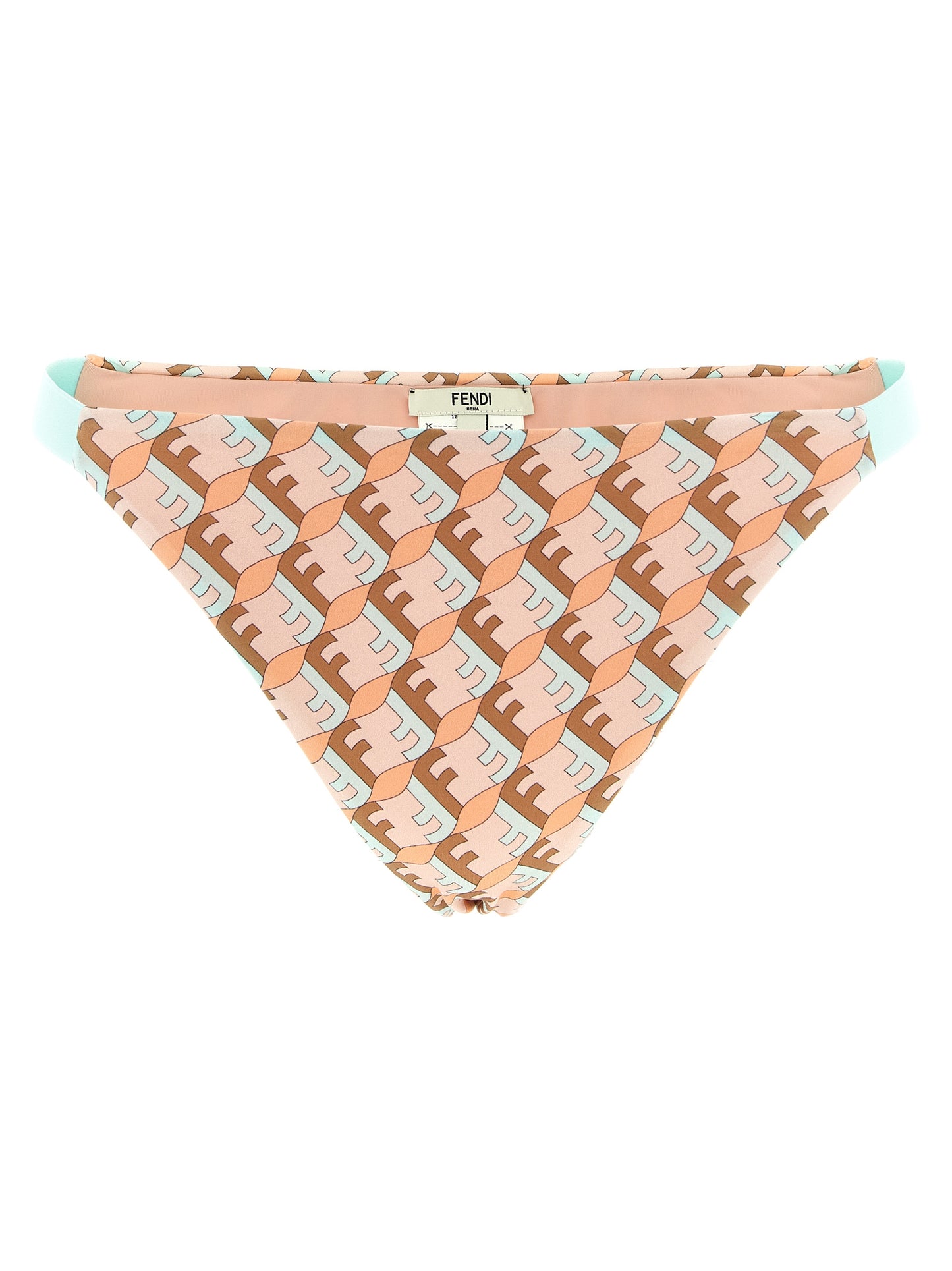 Bikini by Fendi for women in stretch polyamide blue, brown, multicolor, pink & patterned features an dramatic silhouette, artfully capturing the essence of the dramatic Waves Women's Stretch Polyamide Bikini design with a sophisticated dramatic cut.