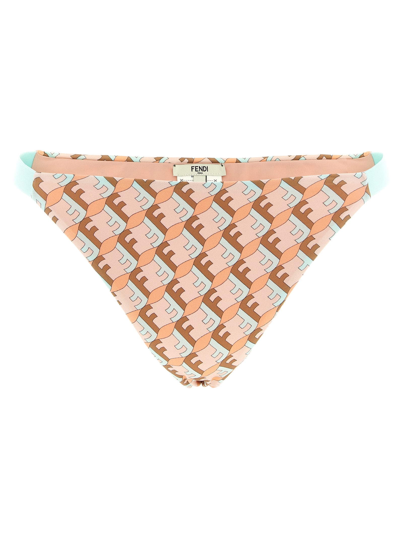 Bikini by Fendi for women in stretch polyamide blue, brown, multicolor, pink & patterned features an dramatic silhouette, artfully capturing the essence of the dramatic Waves Women's Stretch Polyamide Bikini design with a sophisticated dramatic cut.