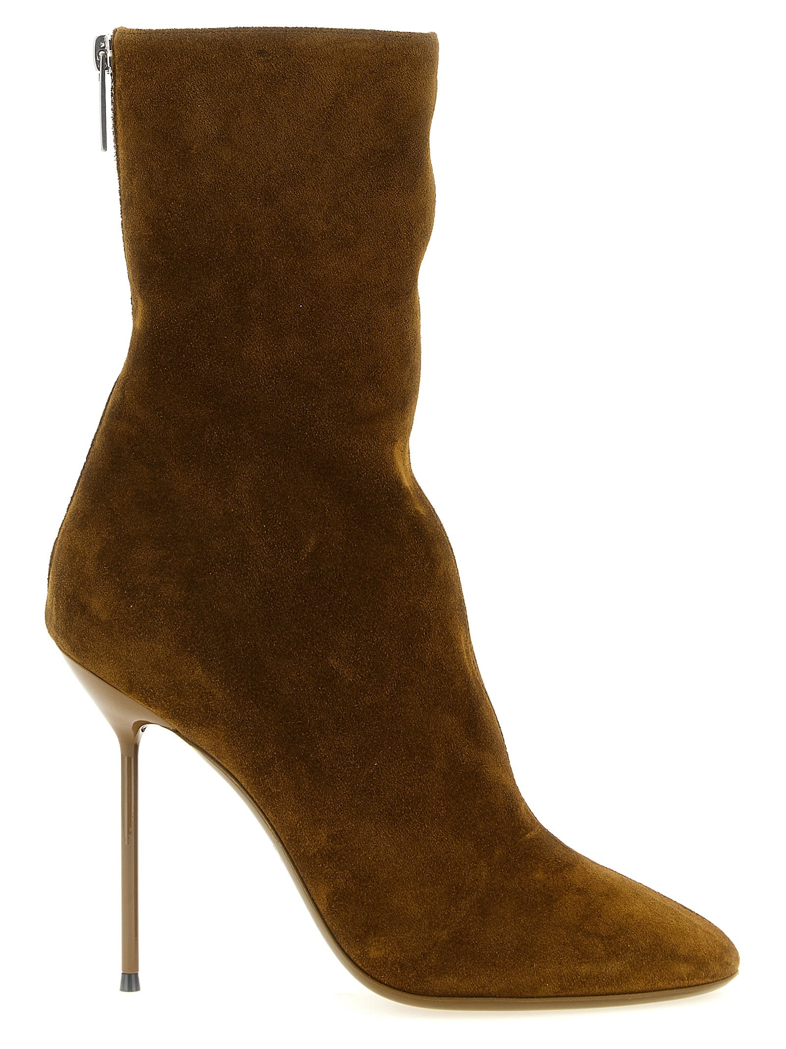 Stiletto Ankle Boots by Paris Texas for women in bos taurus suede calfskin leather brown & silver features an effortless chic silhouette from the Lidia Women's Bos Taurus Suede Calfskin Leather Stiletto Ankle Boots collection, showcasing a effortless chic stiletto and refined for an effortless chic look.