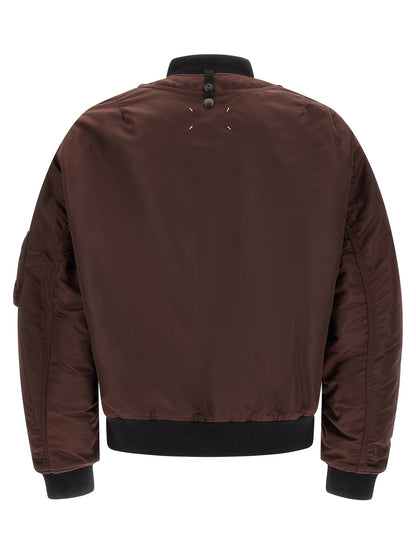Bomber Jacket by Maison Margiela for men in polyamide leather multicolor & patterned features a dramatic silhouette, showcasing a sophisticated and distinctive pockets for a dramatic aesthetic.